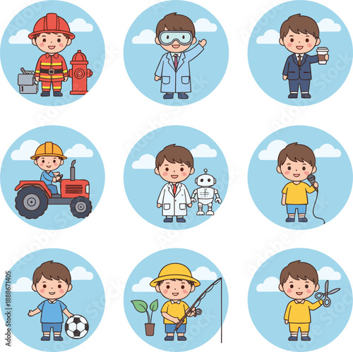Cute kids profession cartoon vector set with career roles jobs and playful child characters isolated