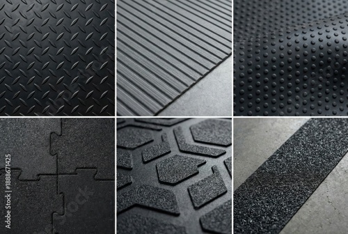 Textured black rubber surfaces showcasing intricate patterns illustrating versatility and functionality in industrial design emphasizing durability and adaptability