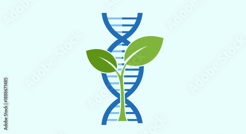 A stylized illustration depicts a DNA helix with a growing plant, symbolizing genetic engineering, sustainable agriculture, and the intersection of science and nature against a light blue backdrop.