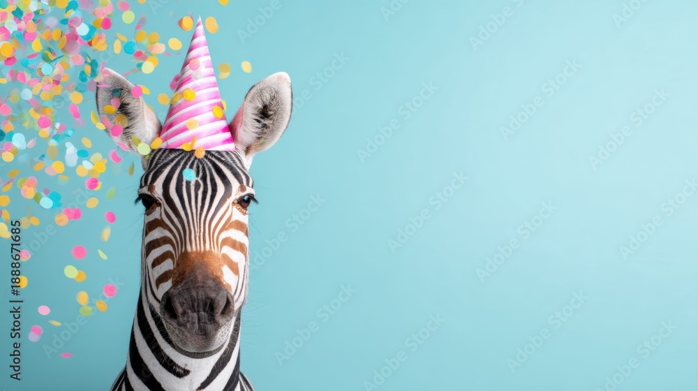 Obraz premium Zebra wearing a party hat with colorful confetti in a bright setting