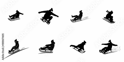 Black silhouettes set of people sledding and tobogganing, demonstrating various dynamic winter recreation poses and sled rides against a white background.