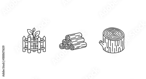 A set of line art illustrations showcases a growing plant protected by a fence, a pile of logs, and a tree stump, all representing nature and forestry.