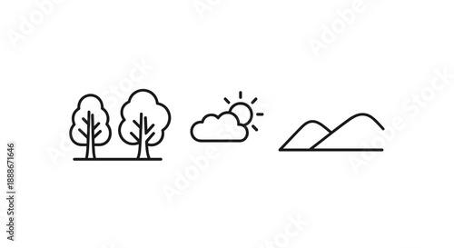 Minimalist line art illustration featuring trees, a cloud with the sun peeking through, and mountains, ideal for nature-themed design and conveying outdoor concepts.