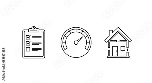 A minimalist line art illustration showcases a checklist, a speedometer, and a house icon, representing concepts of planning, speed, and homeownership in a clean, modern design.