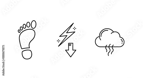 A minimalist line art illustration featuring a footprint, a lightning bolt with a downward arrow, and a cloud emitting steam, perfect for conceptual design.