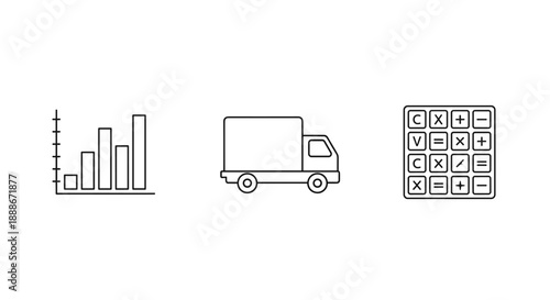 Minimalist line art icons depicting business and financial concepts, including a bar graph representing growth, a delivery truck symbolizing transport, and a calculator illustrating calculations.