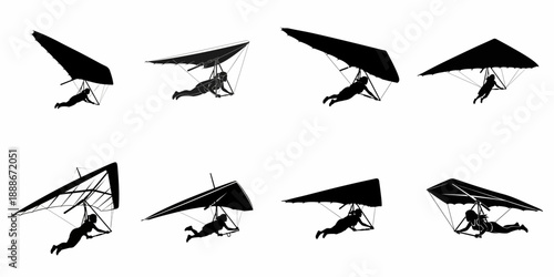 Hang Gliding Silhouettes Set: Vector Collection of People Flying in Dynamic Poses, Representing Extreme Sports and Adventure Icons on White Background.