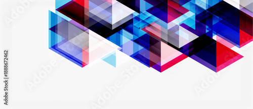 Abstract geometric shapes overlap, creating dynamic visual effect. Blue, pink, purple hues dominate white background. Modern design.