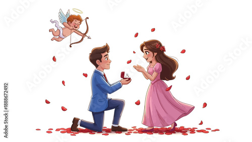 Cupid Shooting Arrow at Proposing Couple Illustration