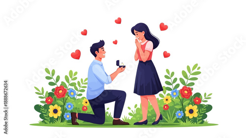 Romantic Couple Proposing in Garden Illustration