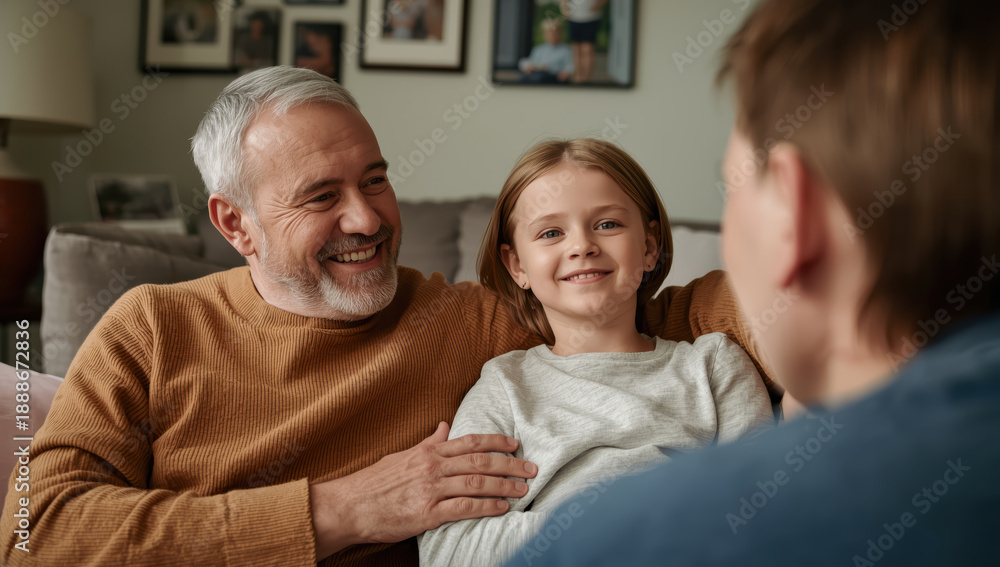Fototapeta premium Smiling grandfather and child sitting on sofa sharing warm family moment together