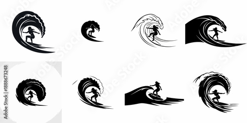 A collection of black silhouette logo designs featuring a female surfer riding big ocean waves, perfect for surf camps, apparel, or branding.