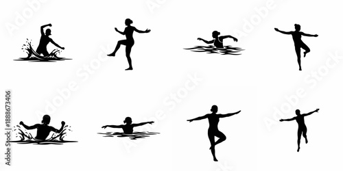 Eight vector silhouettes of women performing synchronized swimming, aquatic poses, and dynamic water sports actions, isolated on a white background.