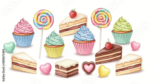 Seamless Pattern with Cupcakes Cakes and Lollipops
