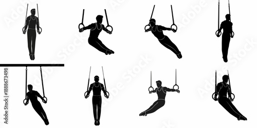 Set of black silhouettes depicting a competitive male gymnast training and performing different poses and holds on the still rings apparatus.