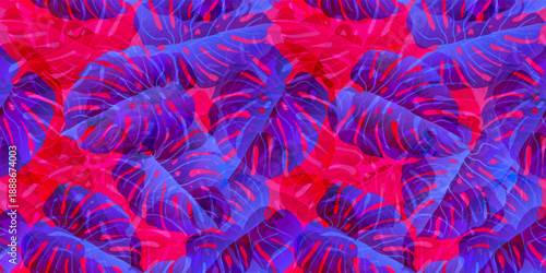 A seamless, vibrant pattern of stylized tropical leaves in glowing neon colors. This retro design captures the iconic 80s pop art aesthetic. 