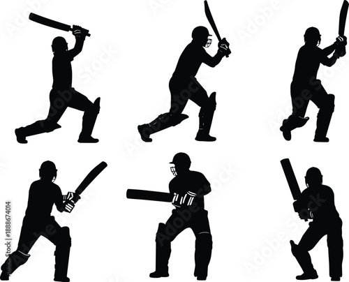 Cricket player batsman vector silhouettes collection showing various batting stances and poses for sports competition and athletic game design