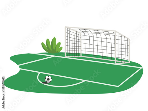 Soccer goal net and ball, football field scene