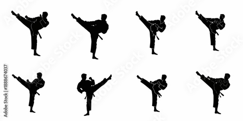 Black silhouettes collection of a martial arts practitioner performing a high vertical kick, illustrating strength, training, and self-defense concepts.