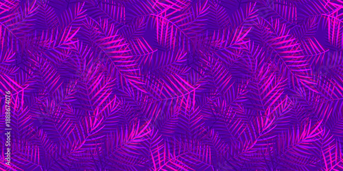 A vibrant retro pattern featuring stylized tropical leaves in glowing neon blue. This seamless design embodies the iconic 80s pop art aesthetic, ideal for creating bold and energetic backgrounds.