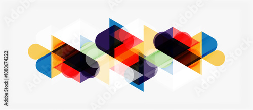 Abstract geometric shapes overlap, creating colorful design. Triangles, squares, circles blend into modern composition.