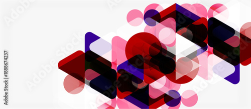 Abstract composition featuring overlapping geometric shapes. Pink, purple, red hues dominate white background. Modern design elements present.