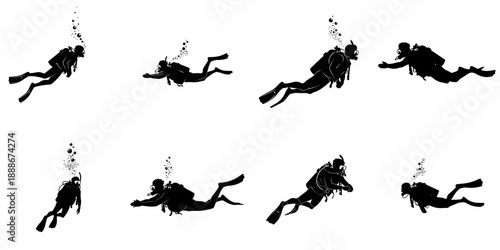 Collection of eight black silhouettes of scuba divers swimming, floating, and exploring underwater, generating air bubbles on a white background.