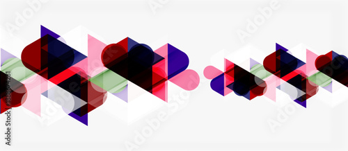 Abstract geometric shapes, triangles, squares overlap creating dynamic pattern. Pink, purple, black hues dominate white background.
