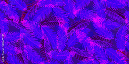 A seamless, vibrant pattern of stylized tropical leaves in glowing neon blue, capturing the iconic 80s pop art aesthetic. Perfect for creating bold and energetic retro backgrounds.