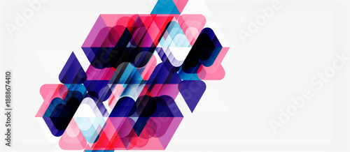 Abstract geometric shapes overlap, creating vibrant color patterns. Pink, purple, blue hues dominate composition. Modern design element.