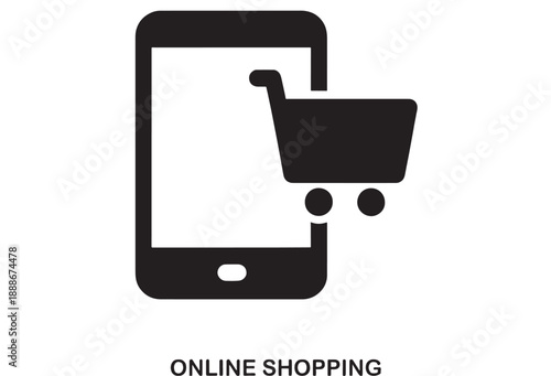 Simple black icon of a smartphone with a shopping cart symbol superimposed, representing online shopping and e-commerce transactions on a white background.