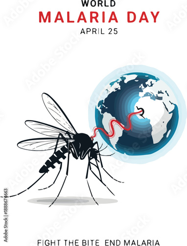 Vector illustration of a mosquito in front of a globe with a red malaria parasite on World Malaria Day, symbolizing the fight against the disease. Perfect for health campaigns, educational
