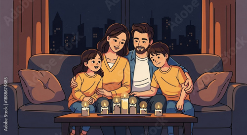 Happy family with children sitting on couch at home with piggy banks and jars for saving money together