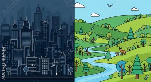 Split city and nature landscape illustration with urban skyscrapers and serene countryside scenery