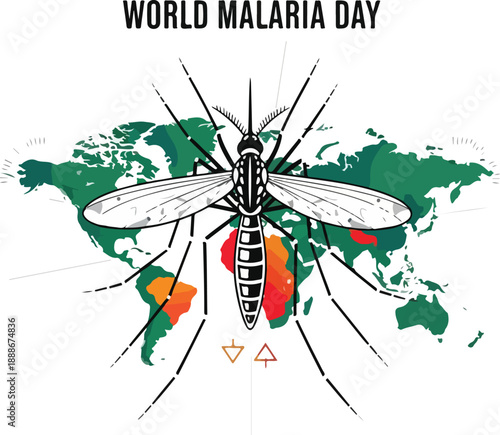 Vector illustration of a mosquito on a world map for World Malaria Day, highlighting global health issues. Perfect for health campaigns, educational materials, and awareness posters.