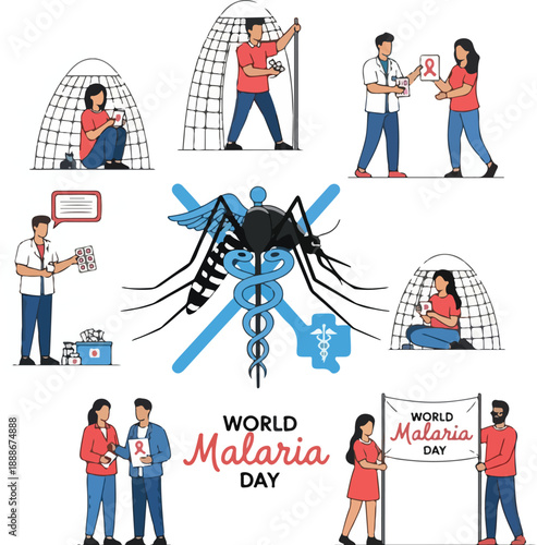 A vector illustration depicting people preventing mosquito bites on World Malaria Day, with a prominent blue mosquito icon. Perfect for health campaigns, educational materials, and