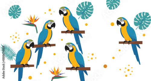 Colorful macaw parrot pattern with tropical leaves and flowers in playful flat vector illustration style