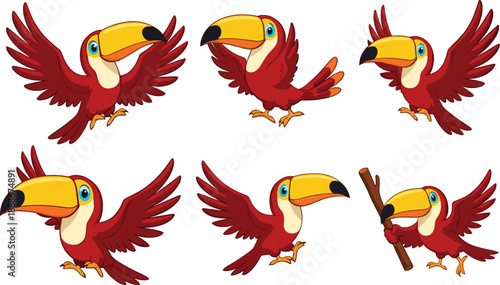 Colorful cartoon toucan set with flying tropical birds in dynamic poses in bright flat vector illustration style