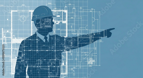 Engineer in hard hat pointing at blueprints construction plan background technical drawing architecture concept