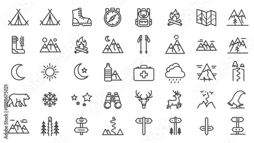 Camping icons and travel symbols.