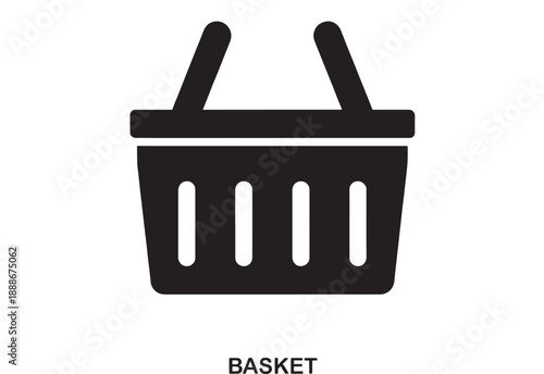 Simple black silhouette icon of a shopping basket with handles, representing commerce and online retail, on a clean white background.