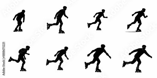 Collection of eight black silhouettes of men inline skating, showing dynamic rollerblading poses and movements, isolated on a white background vector illustration.