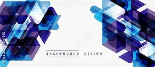 Abstract geometric shapes, blue purple hues, modern design. Clean white space creates balance, visual appeal.