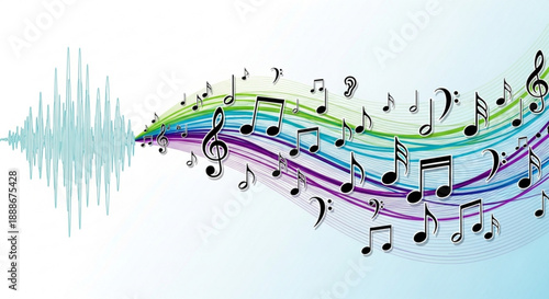 Colorful music notes and sound wave on white background symbolizing harmony and melody in a creative visual representation