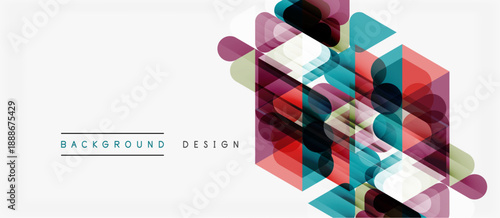 Abstract geometric pattern. Overlapping shapes create modern design. Colors include red, teal, purple, white. Minimalist background element.