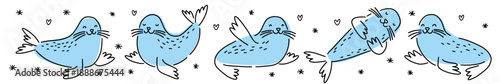 Vector collection of cute seals, hand drawn in doodle style