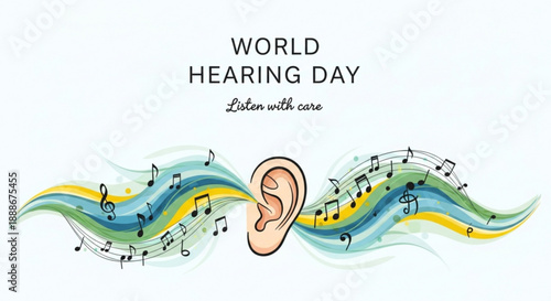 World hearing day awareness illustration with human ear and colorful musical notes on white background