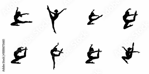 Set of eight black dancer silhouettes showcasing intense flexibility, ballet leaps, and artistic gymnastics poses against a clean white backdrop.