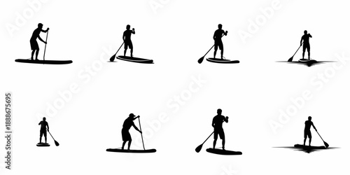 Black silhouettes set of stand-up paddleboarders (SUP) in various poses, isolated vector icons depicting water sports, summer recreation, and fitness activity.
