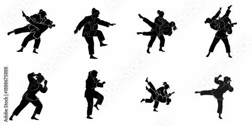 Black silhouettes set of women practicing various martial arts poses, including judo throws, karate kicks, and dynamic fighting stances on a white background.